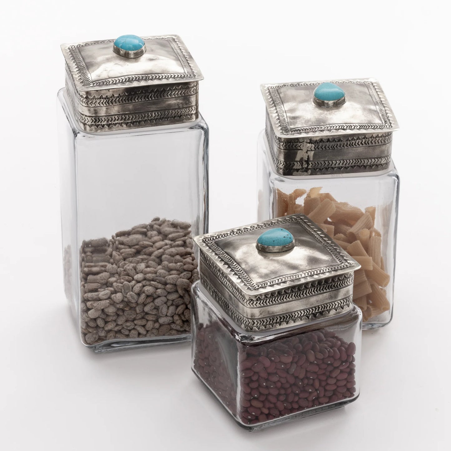 Large Glass Bottom Canister with Silver & Turquoise