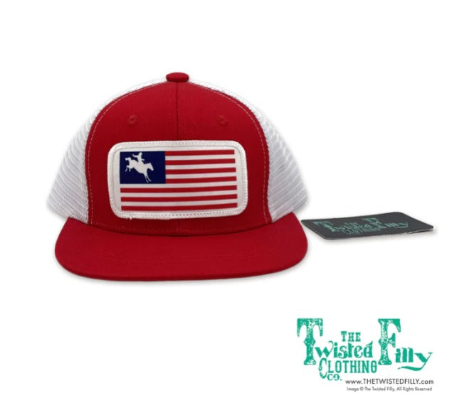 USA Flag Bronc Rider - Youth/Adult Trucker Hat- Red & White
