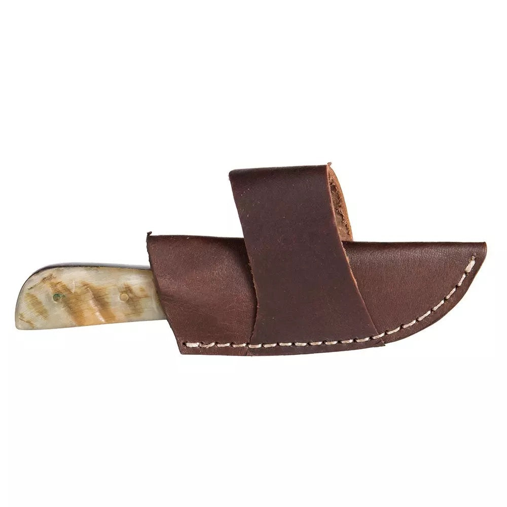 Damascus Mini Ram Horn Bone Handle Knife w/Sheath