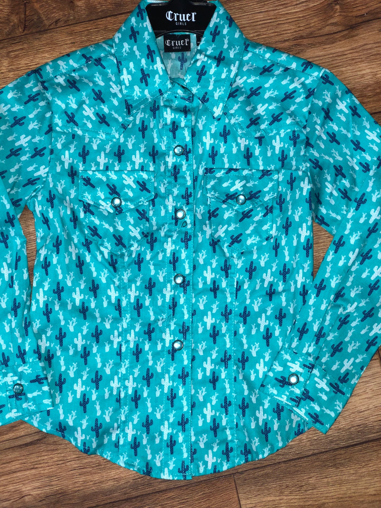 Girls Blue Cactus Pearl Snap Shirt