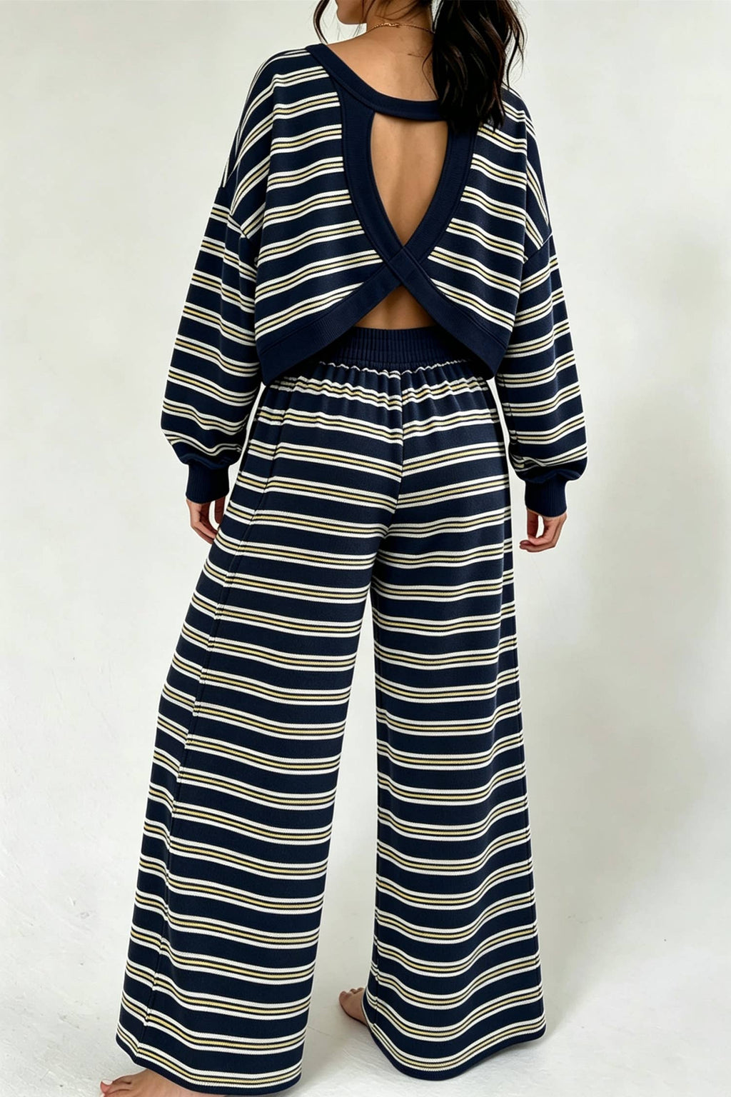 Back Cutout Top and Wide Leg Pants 2pcs Set