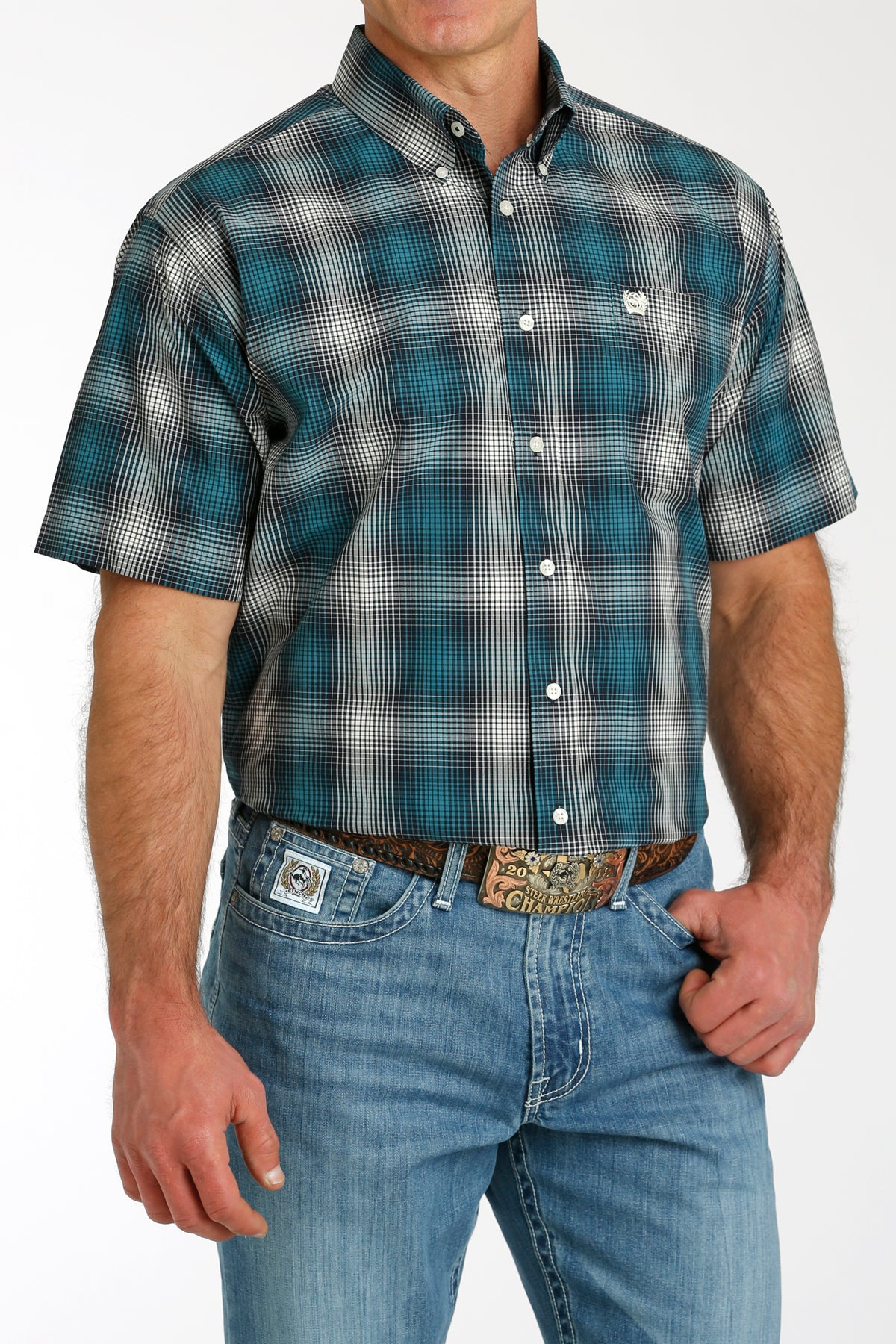 Men’s Cinch Teal Plaid SS Shirt (1463)