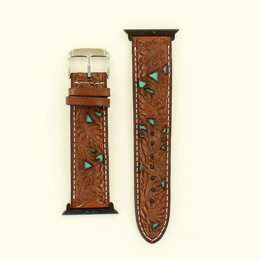 Nocona Apple Watch Tooled Leather with Blue Inlay (0633)