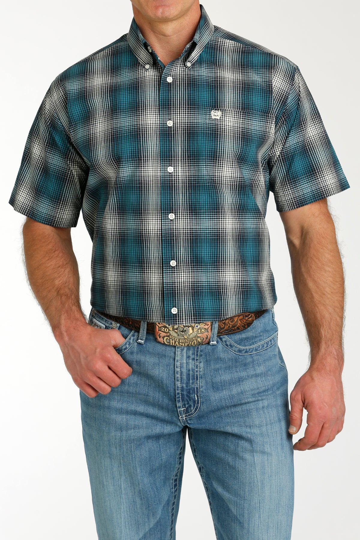 Men’s Cinch Teal Plaid SS Shirt (1463)