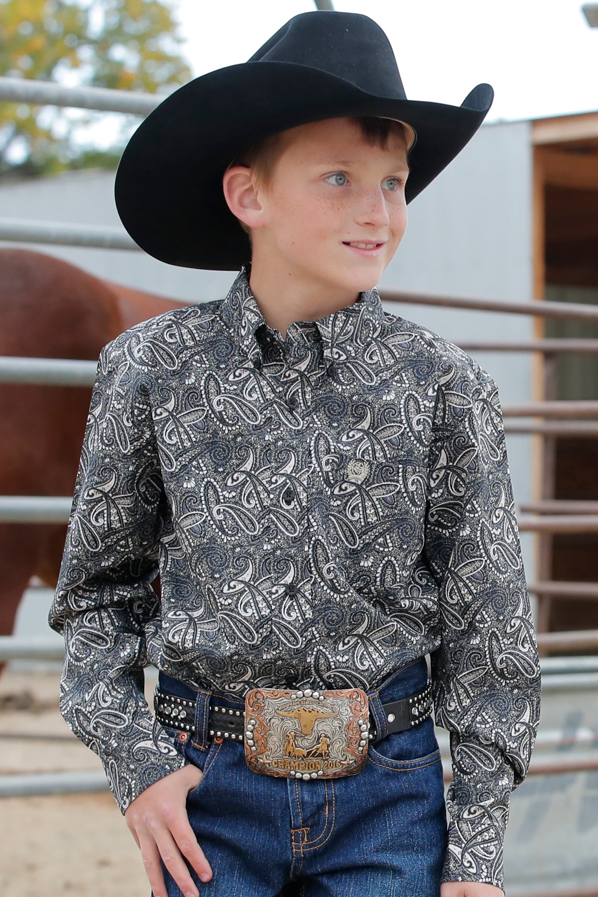 Boys Cinch Grey/Black Paisley Shirt (0350)