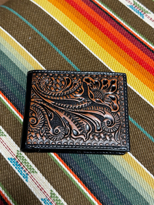 Tony Lama Black with Brown Tooling Bifold Wallet (38w3)