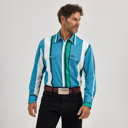 Wrangler Men’s Vintage Retro Blue Stripe Shirt (8191)