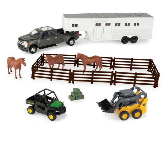 1:32 John Deere Hobby Set with Skid Loader, Gator, Ford Pick up and Trailer