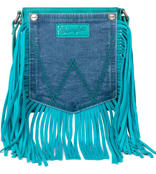 Wrangler Leather Fringe Jean Denim Pocket Crossbody