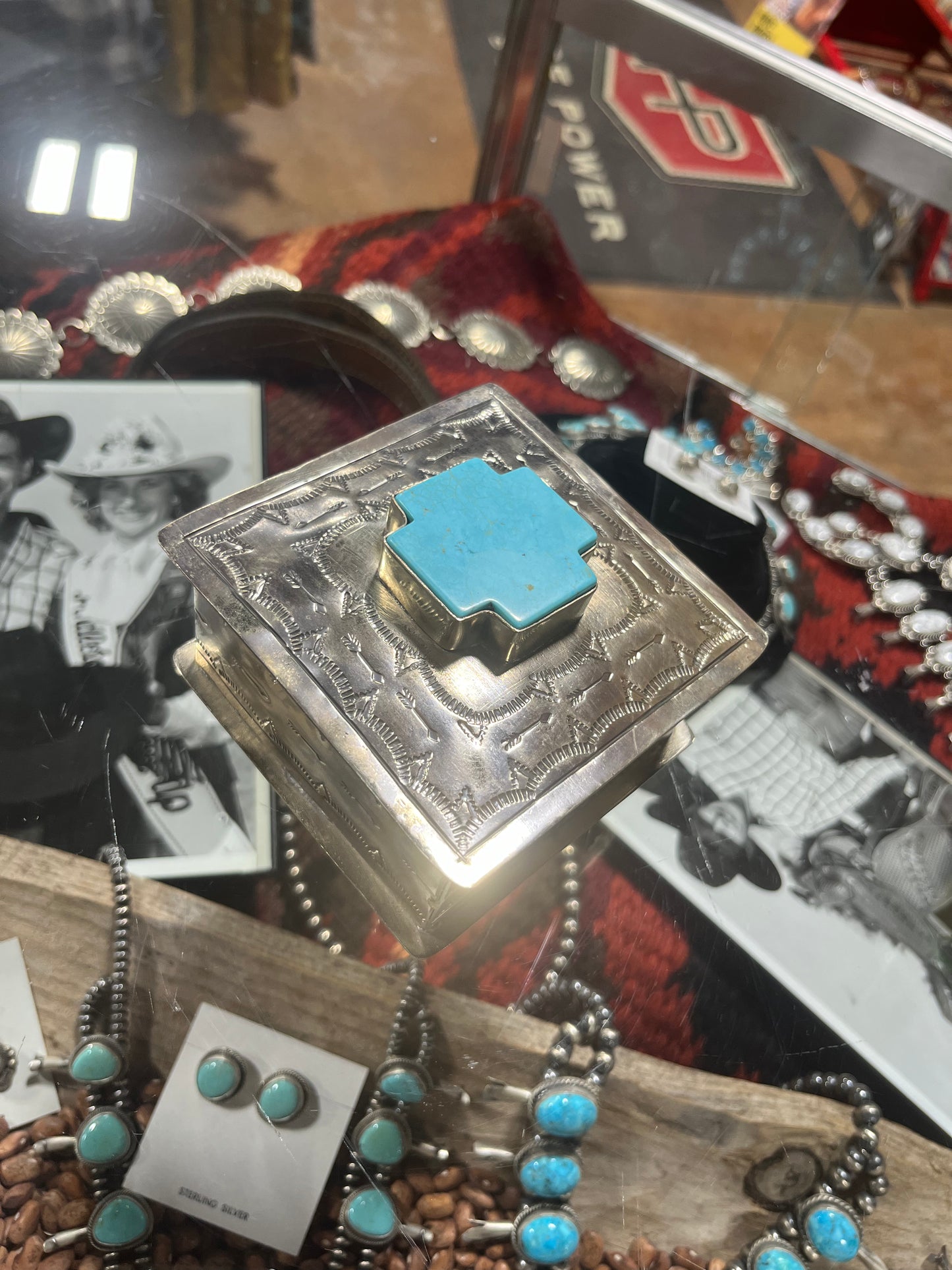 Small stamped turquoise cross jewelry box