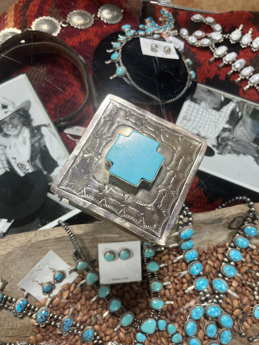 Small stamped turquoise cross jewelry box