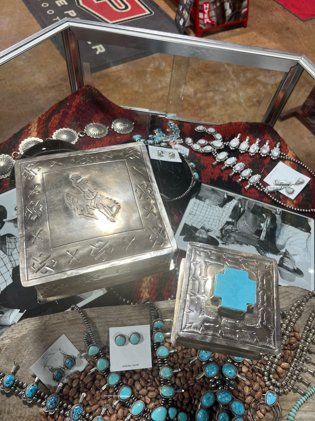 Small stamped turquoise cross jewelry box