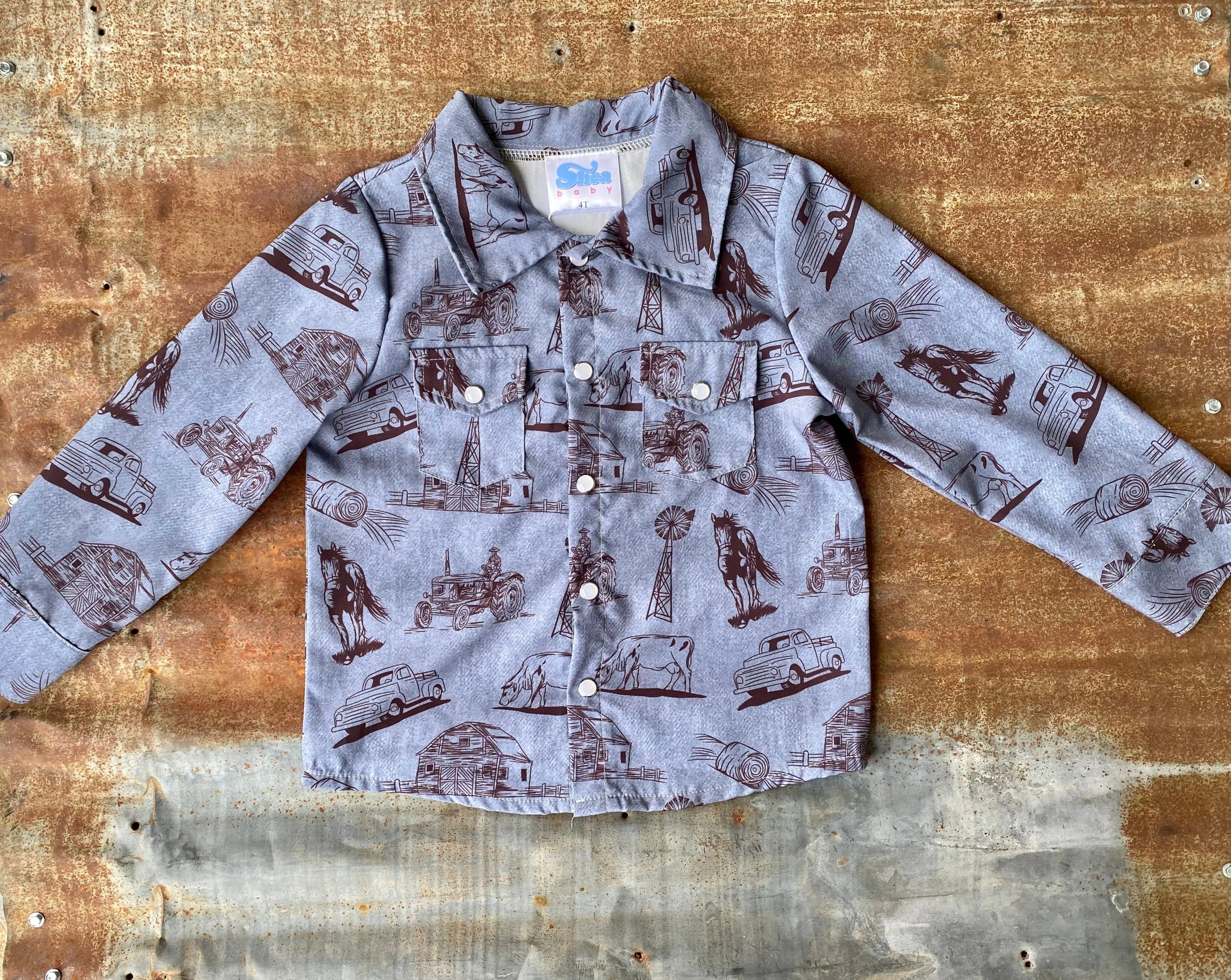 BOYS LONG SLEEVE FARM PRINT PEARL SNAP (SNAP04)