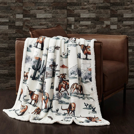 Ranch Life Western Toile Campfire  Sherpa Throw