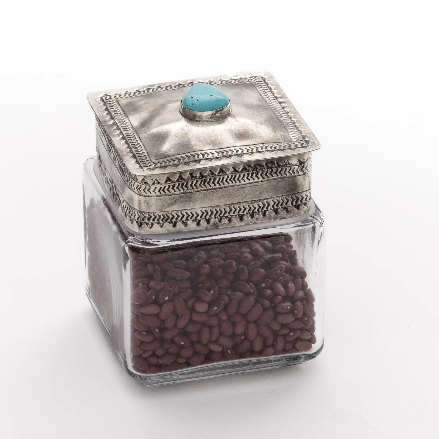 Small Glass Bottom Canister with Silver & Turquoise