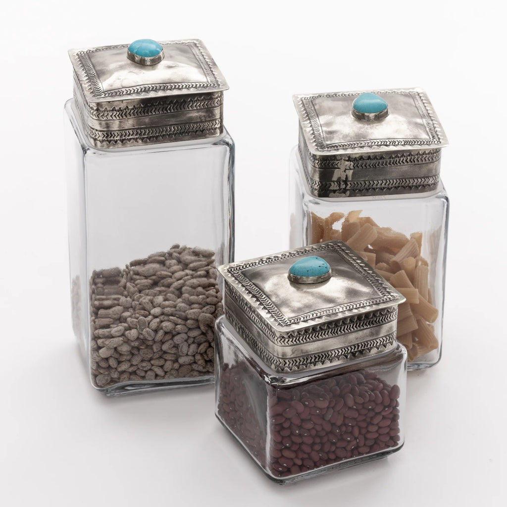 Large Glass Bottom Canister with Silver & Turquoise