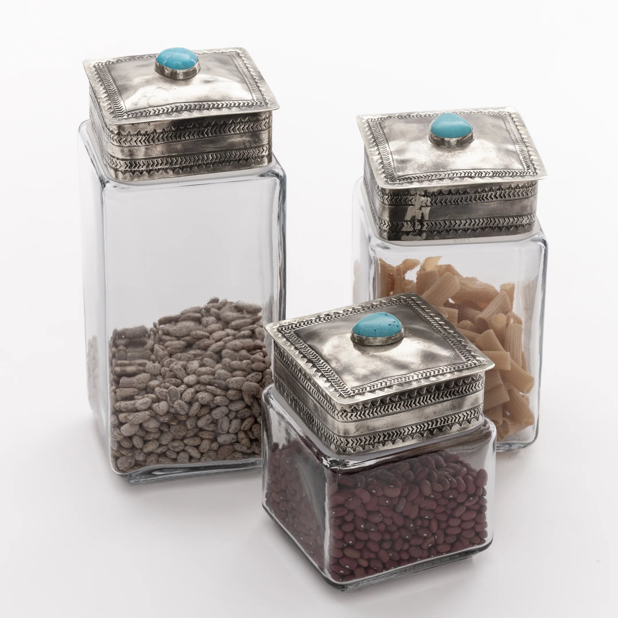Large Glass Bottom Canister with Silver & Turquoise