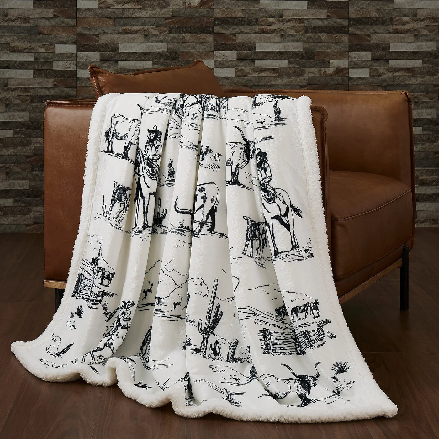 Ranch Life Western Toile Campfire  Sherpa Throw