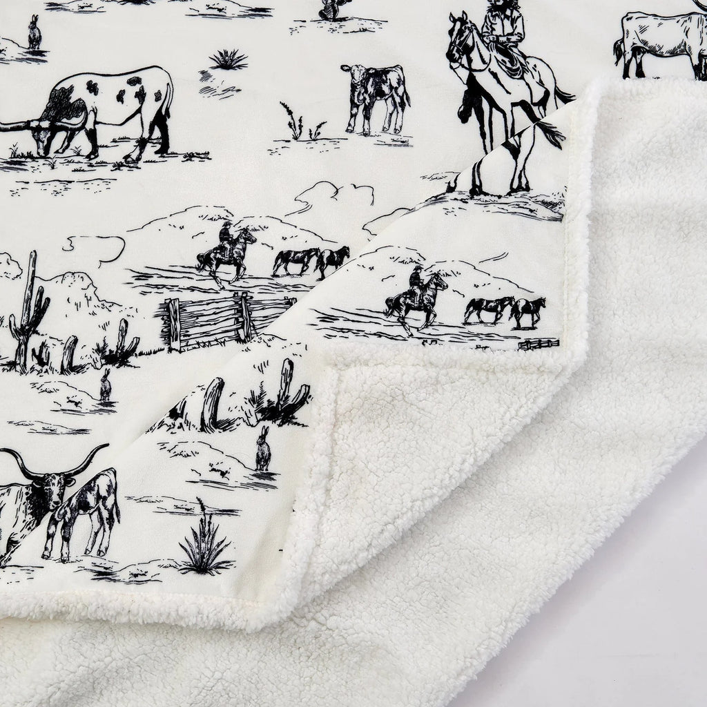 Ranch Life Western Toile Campfire  Sherpa Throw