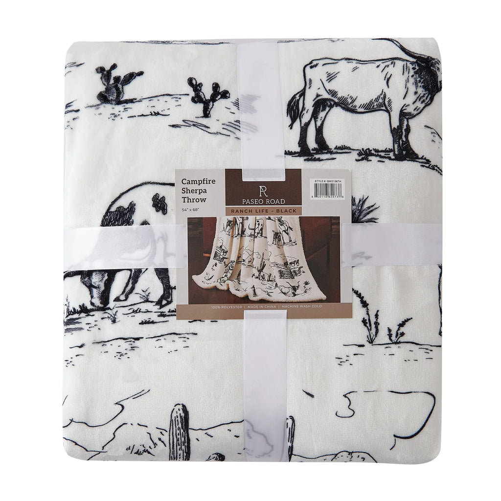 Ranch Life Western Toile Campfire  Sherpa Throw