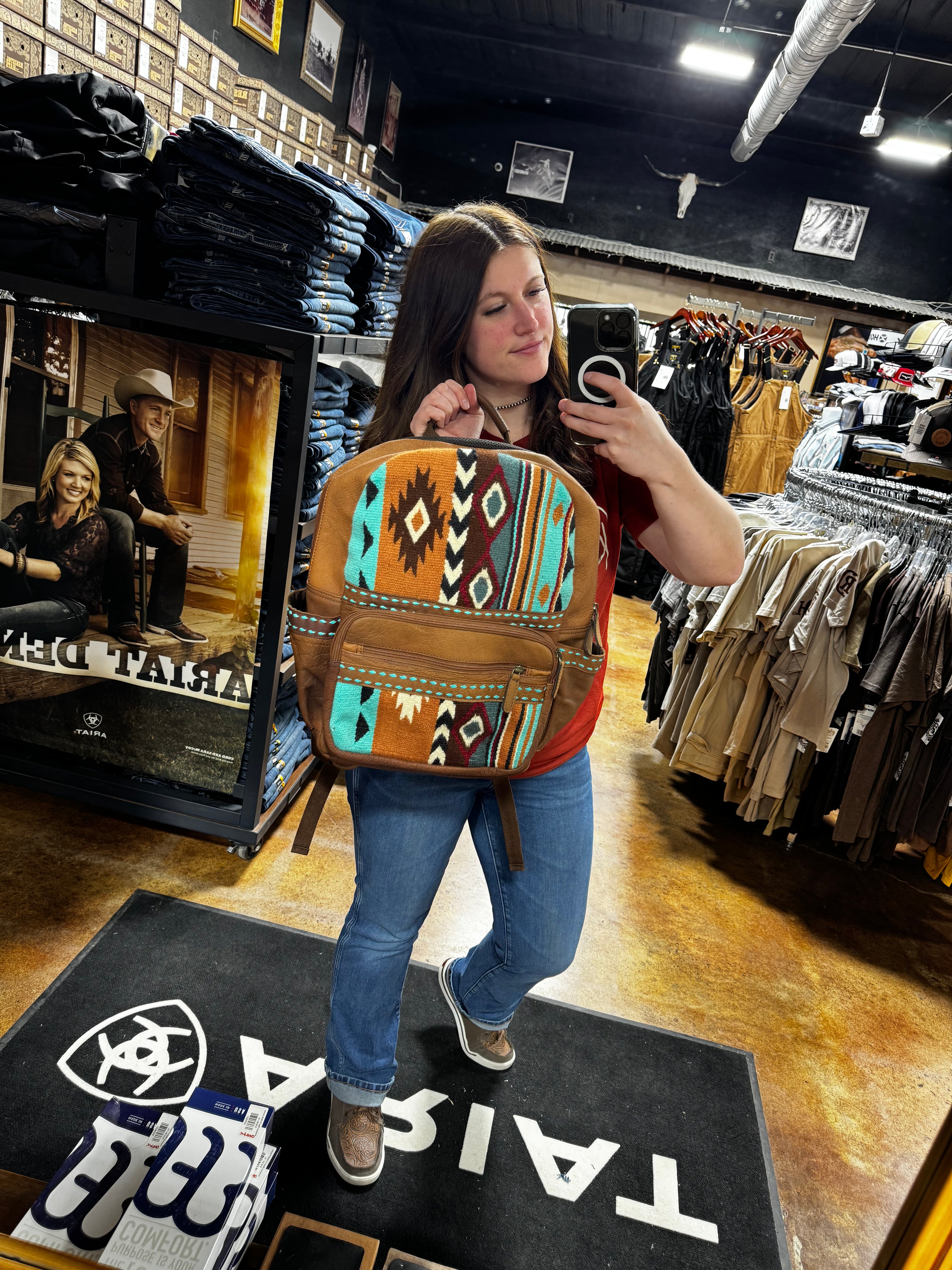 custom leather backpack western Challenger Western Handwoven Saddle Blanket Distressed Leather Bag for Women 18SKB17