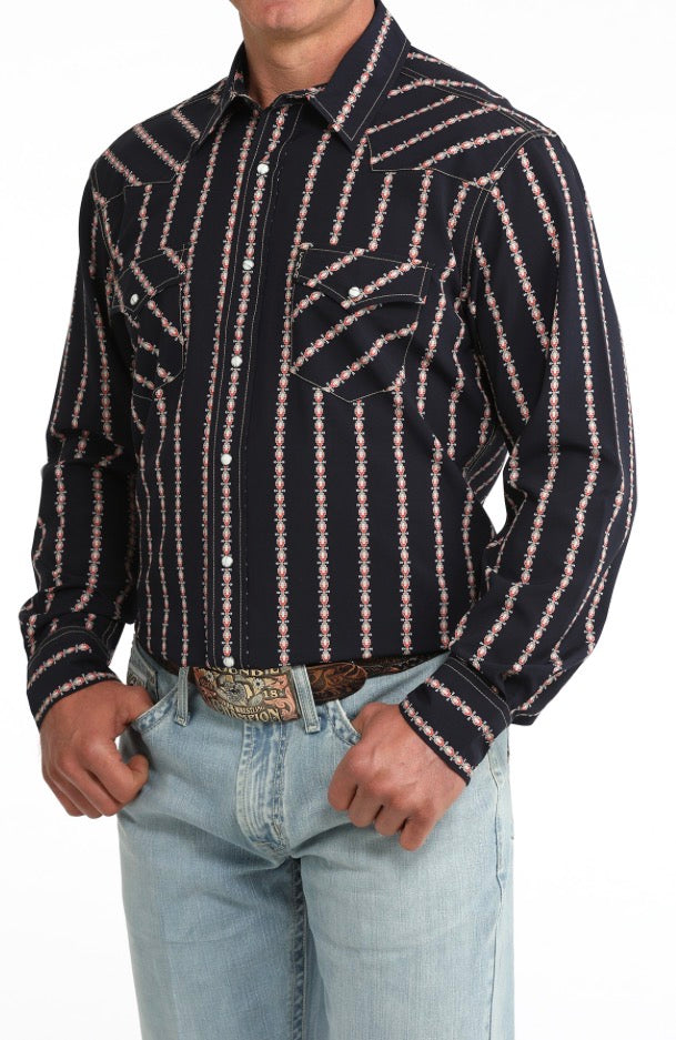 Cinch Modern Fit Navy with Red/Tan Pattern LS Shirt