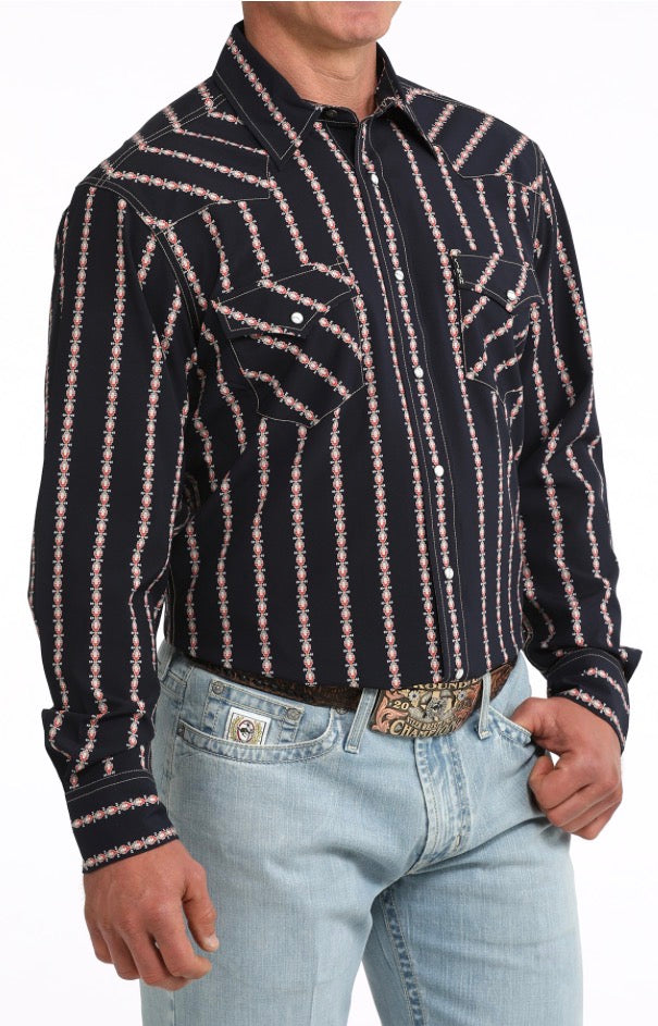 Cinch Modern Fit Navy with Red/Tan Pattern LS Shirt