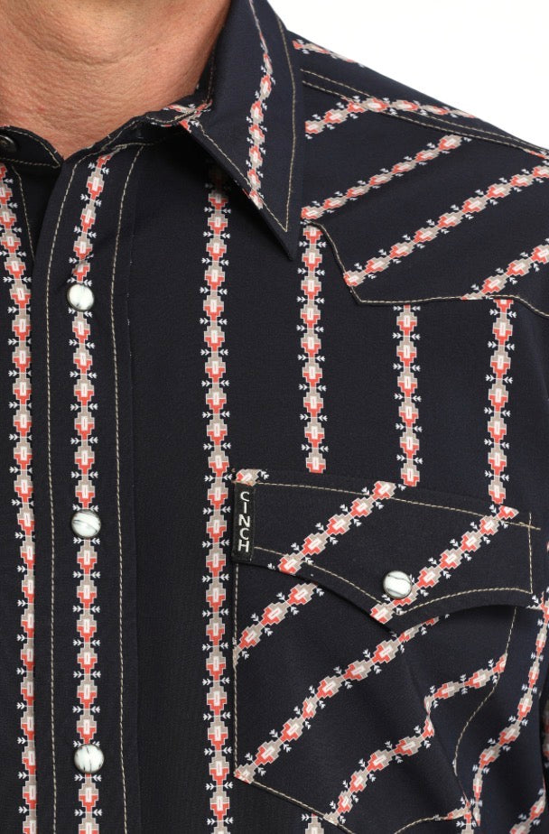 Cinch Modern Fit Navy with Red/Tan Pattern LS Shirt