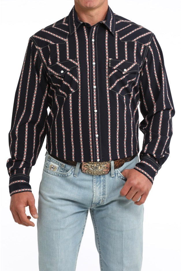 Cinch Modern Fit Navy with Red/Tan Pattern LS Shirt