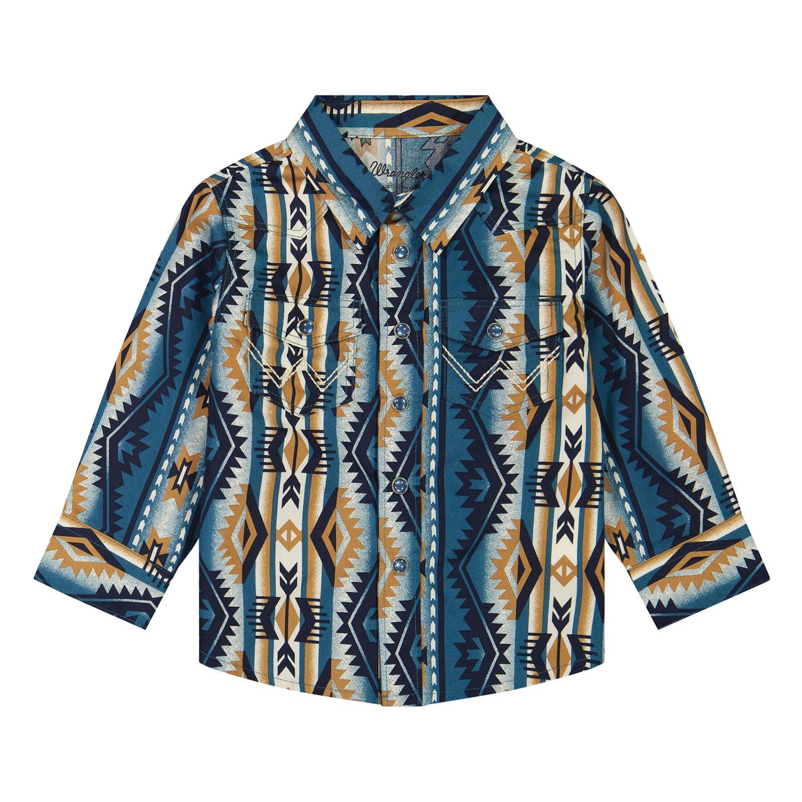 Wrangler Baby Boy Teal/Brown Long Sleeve Pearl Snap