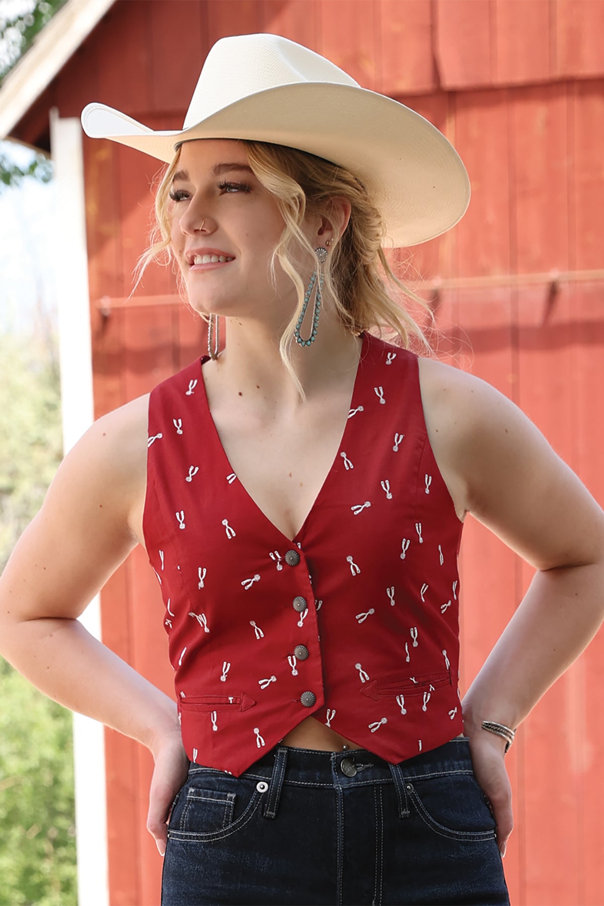 Women’s Red Spur Print Button Vest