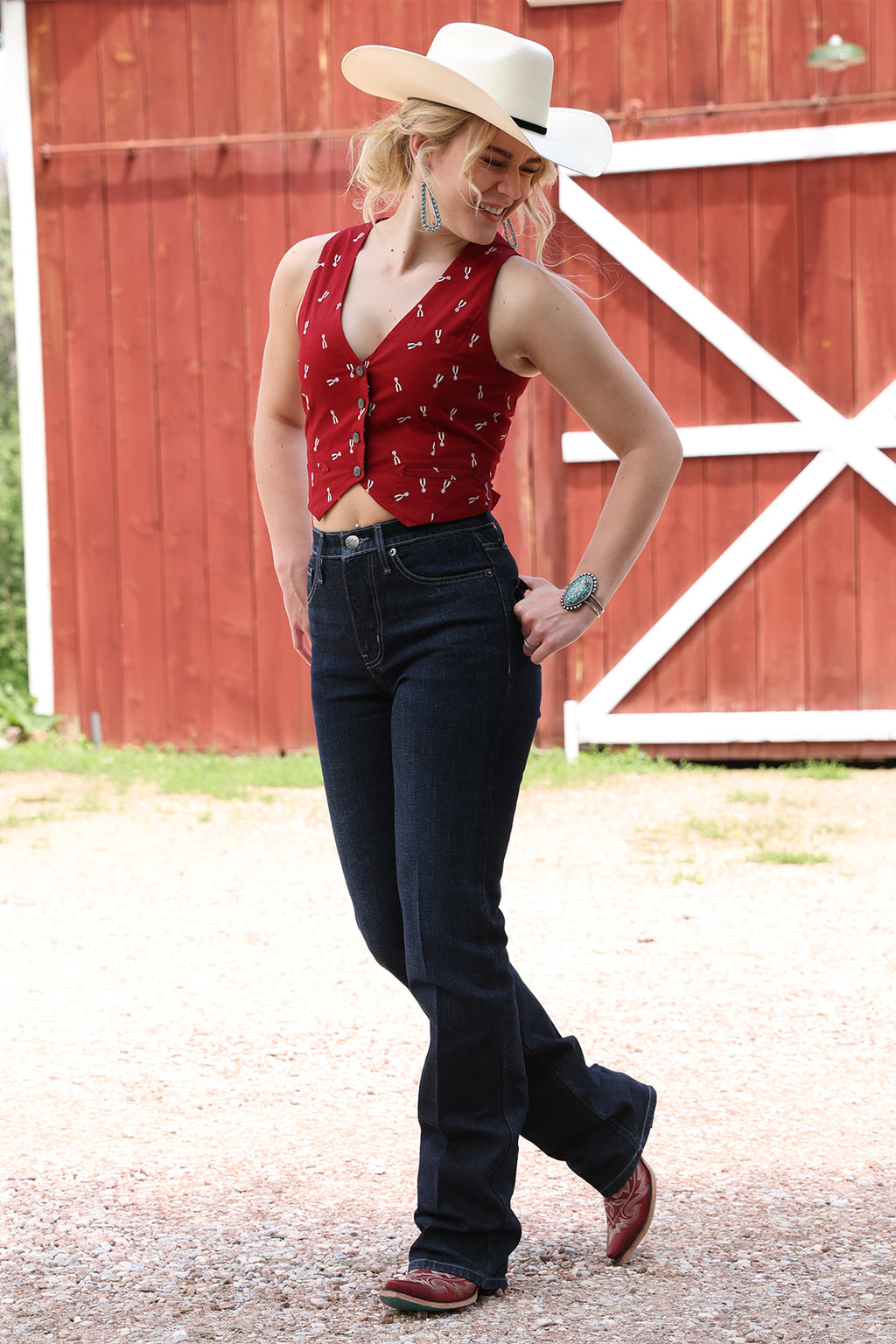 Women’s Red Spur Print Button Vest