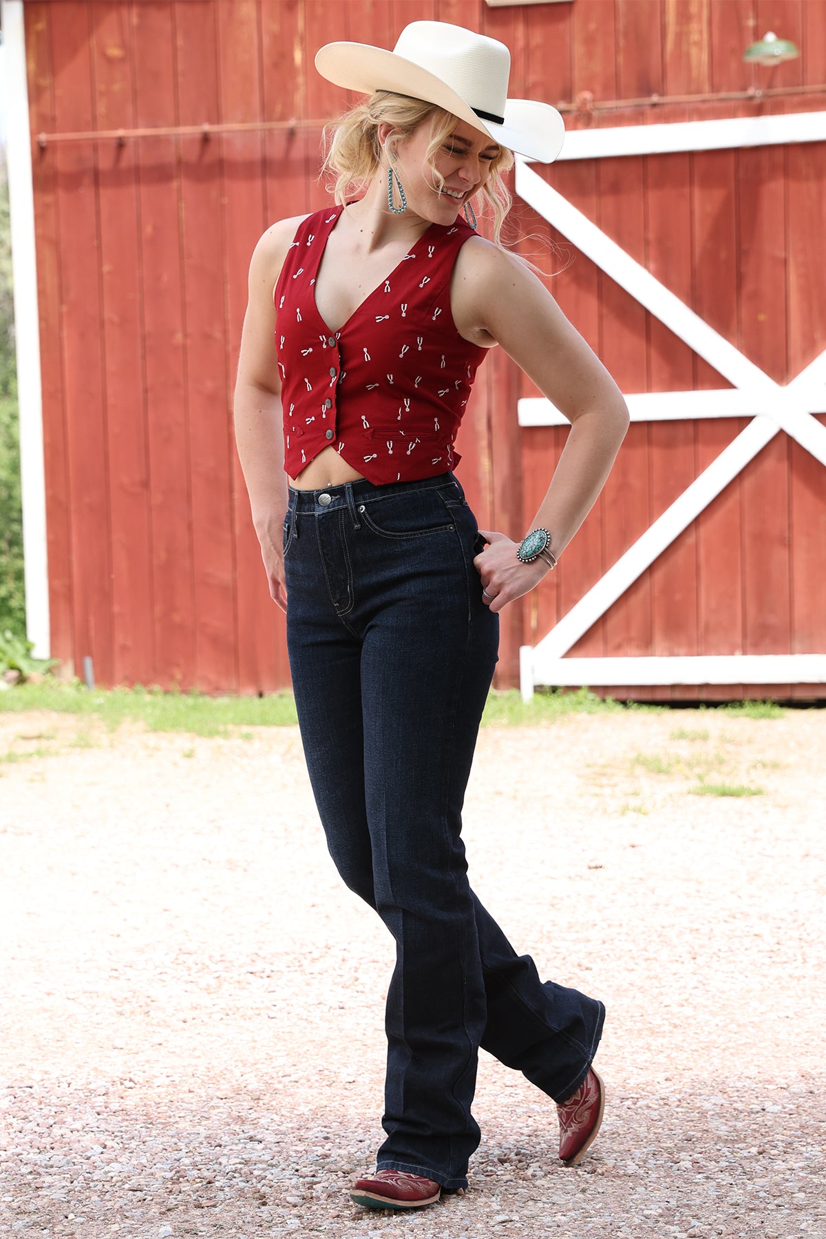 Women’s Red Spur Print Button Vest
