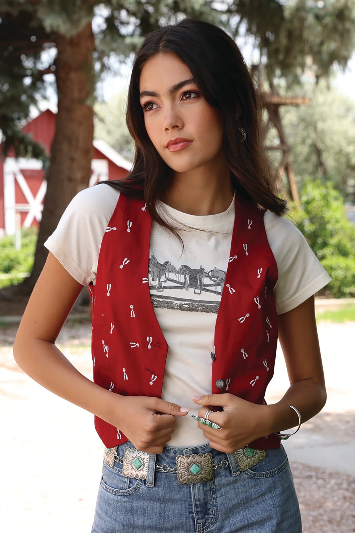 Women’s Red Spur Print Button Vest