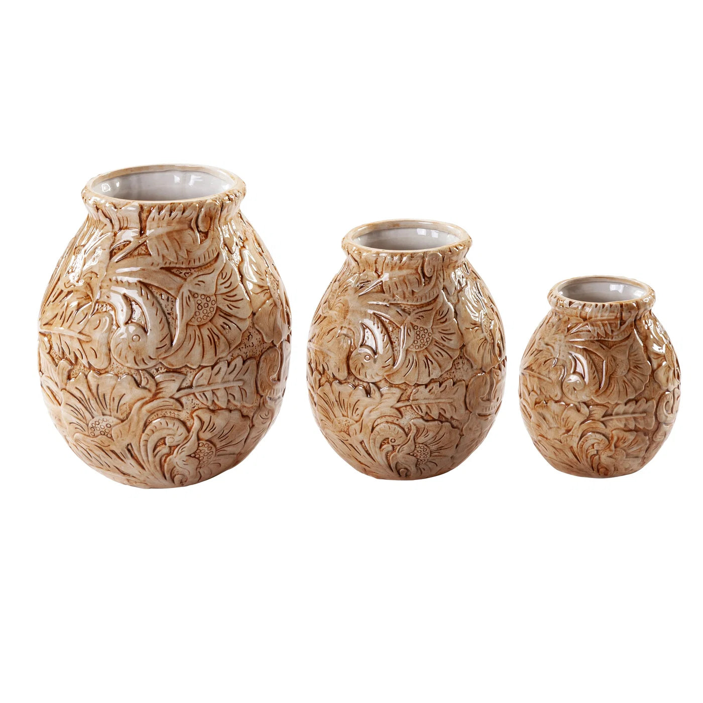 3 PC Chestnut Tooled Leather Vase