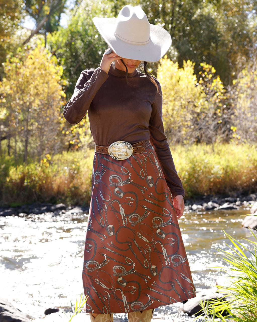 Rust Western Tack Print Skirt