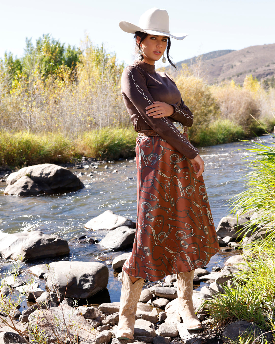 Rust Western Tack Print Skirt