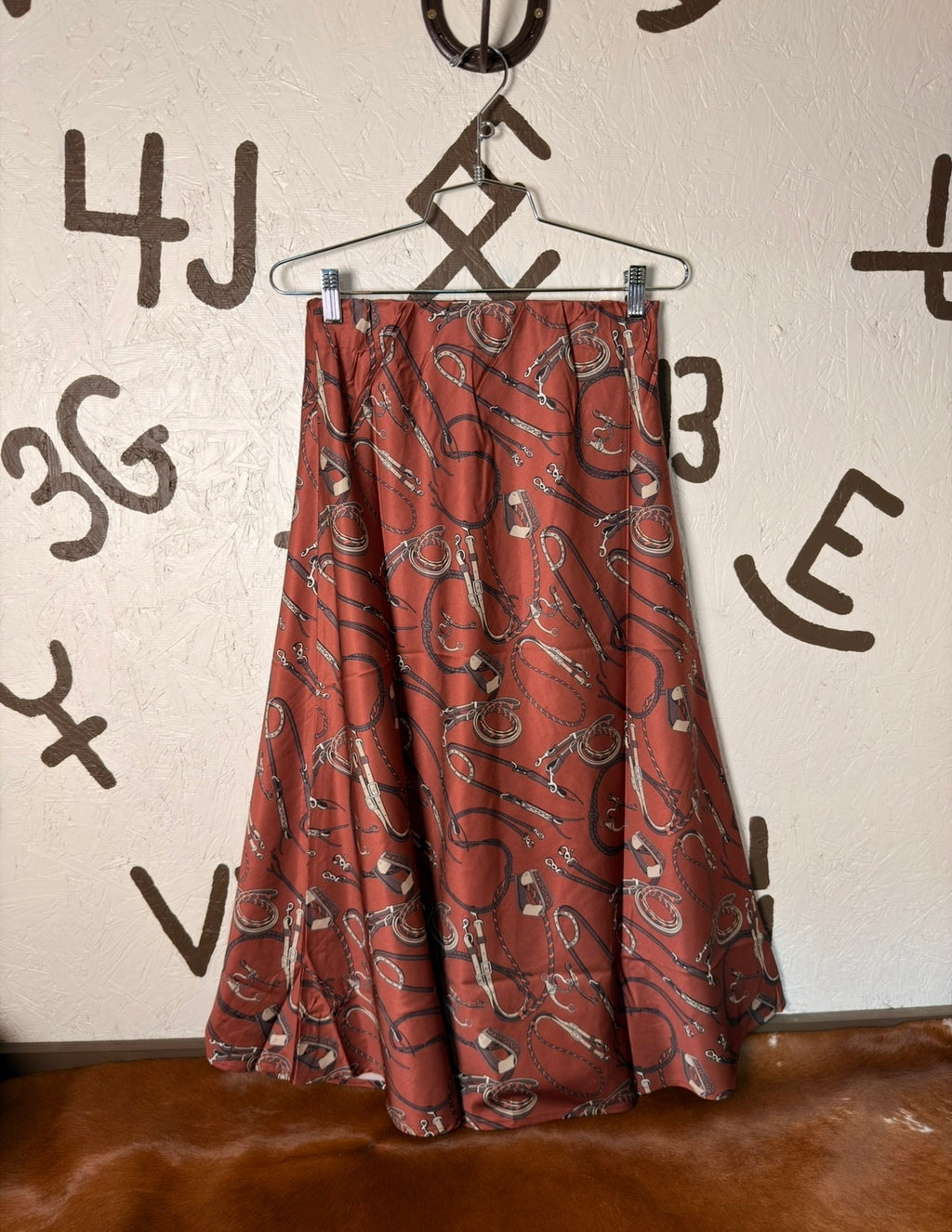 Rust Western Tack Print Skirt