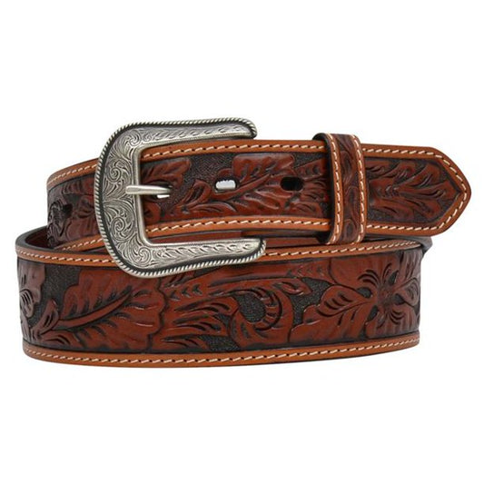 3D Western Mens Belt Leather Tooled Floral Tapered Tan D7013