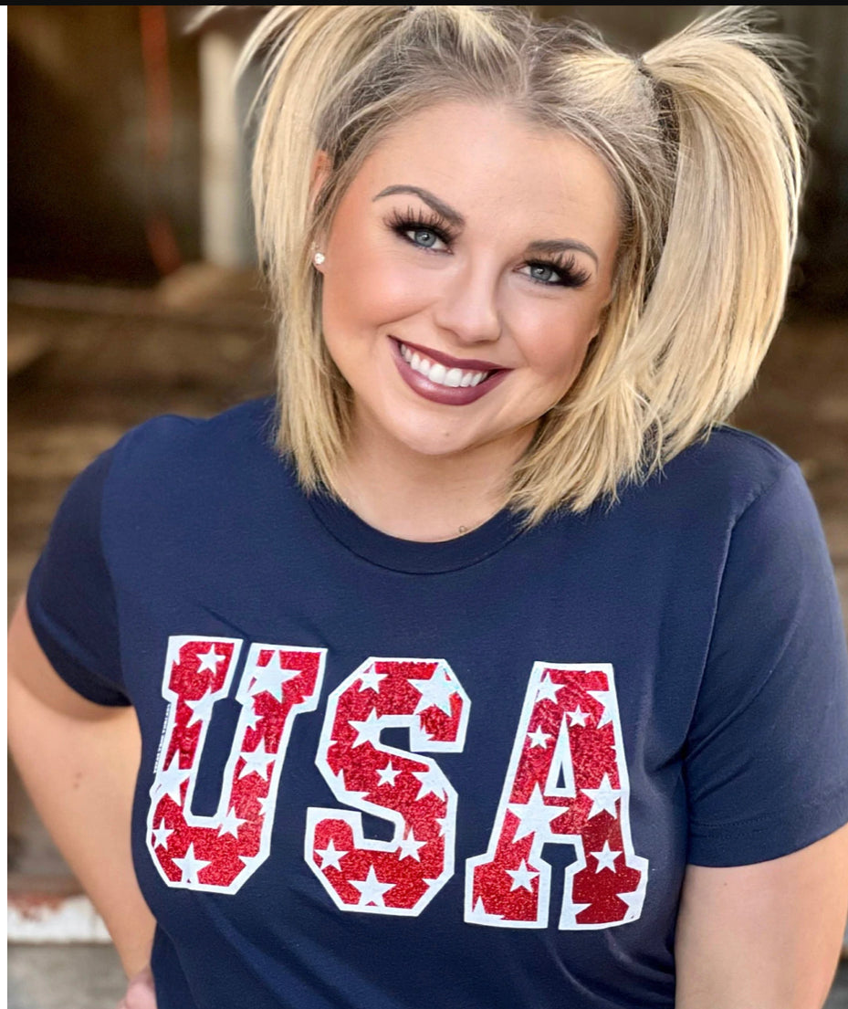 Texas True Threads USA Tee With Stars In Red Glitter