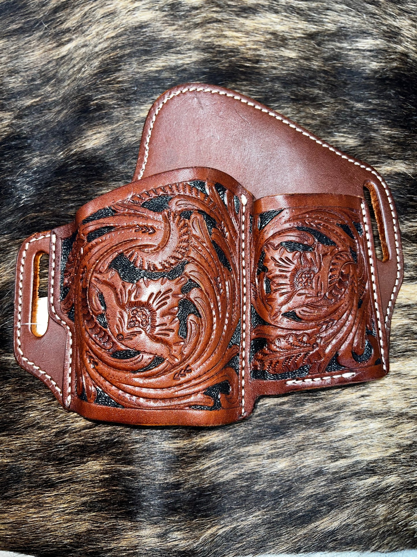 Tooled Leather Gun Holster and Magazine Pouch