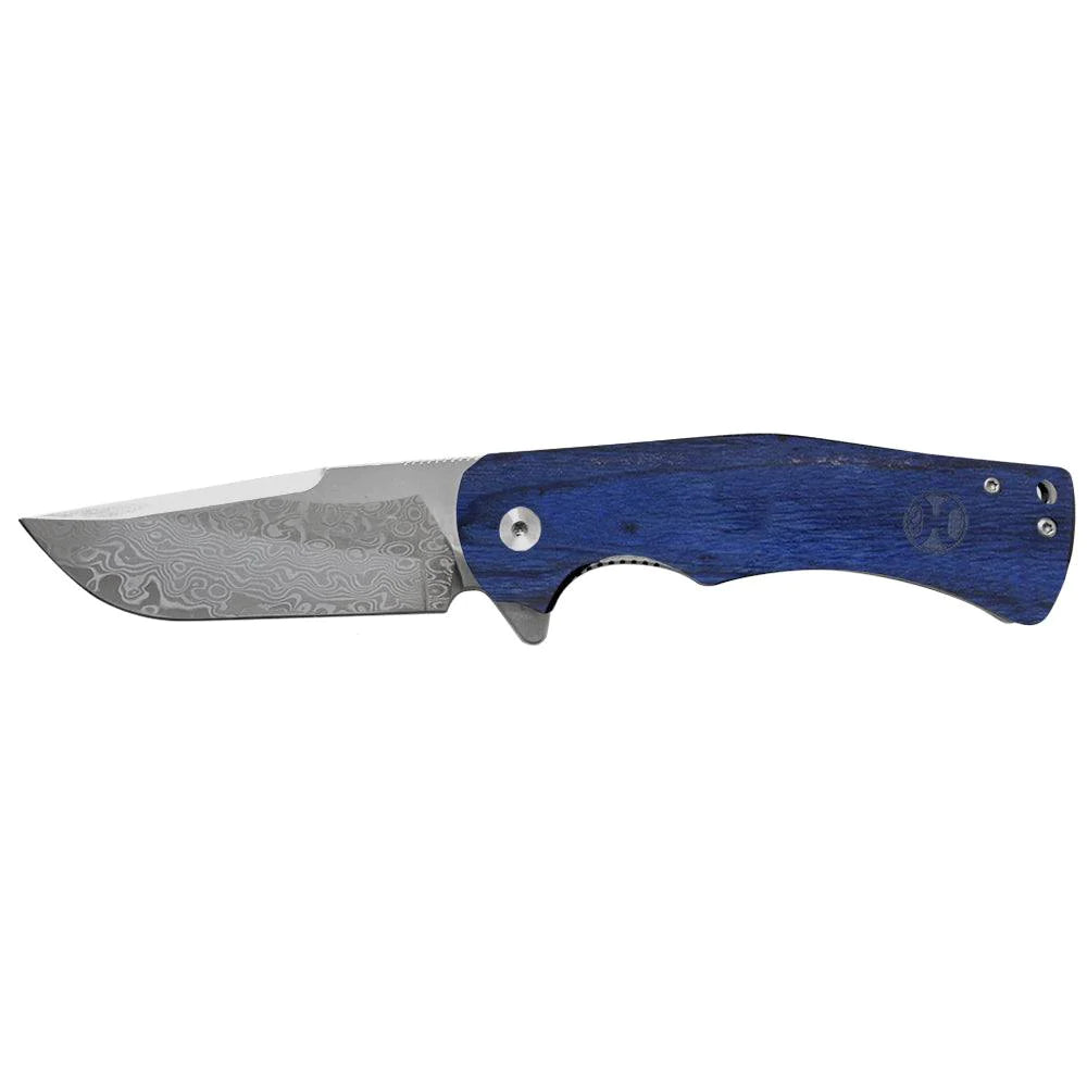 Hooey Dyed Burlwood/ Damascus Drop Point Flipper Knife