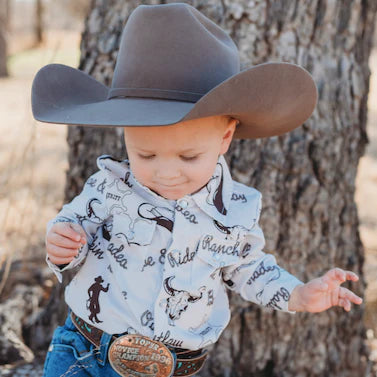 BOYS LONG SLEEVE COWBOY PRINT PEARL SNAP- ONESIE