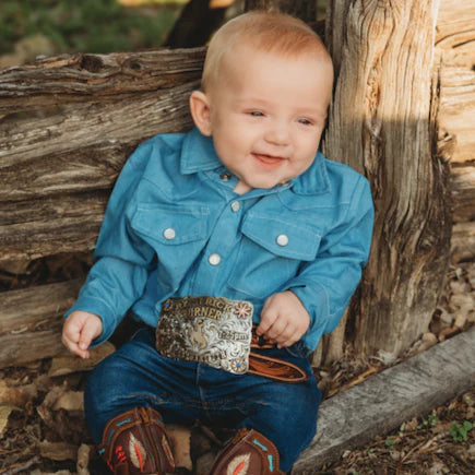 LONG SLEEVE LIGHT DENIM PEARL SNAP- ONESIE