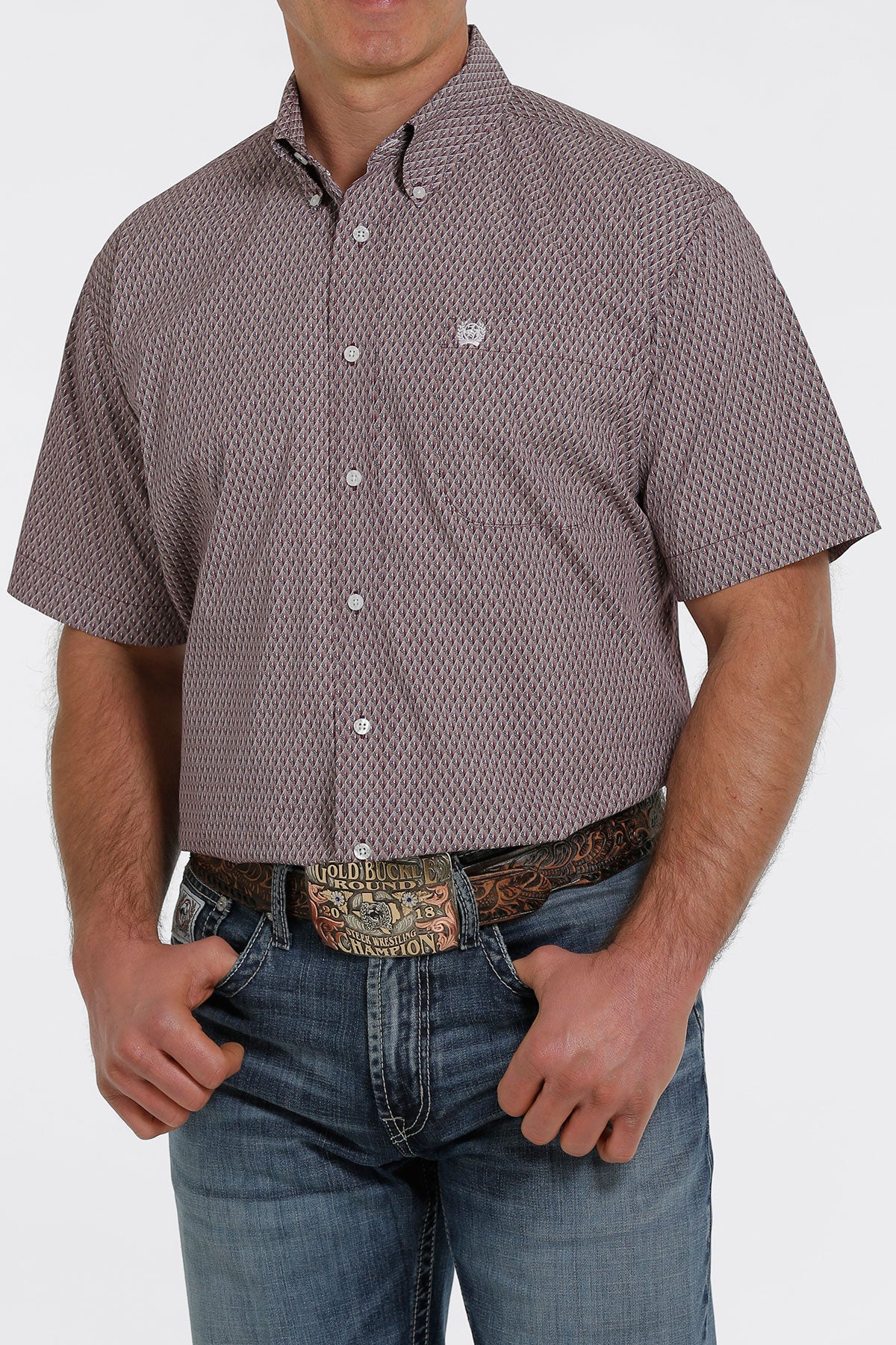 Cinch MEN'S GEOMETRIC BUTTON-DOWN SHORT SLEEVE WESTERN SHIRT - PURPLE/OLIVE/WHITE  (1391)