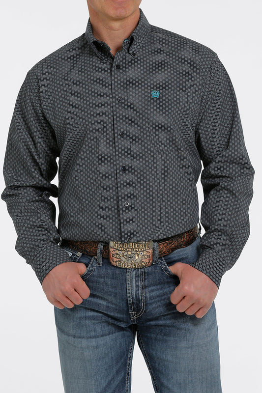 MEN'S GEOMETRIC PRINT BUTTON-DOWN WESTERN SHIRT - NAVY/TURQUOISE