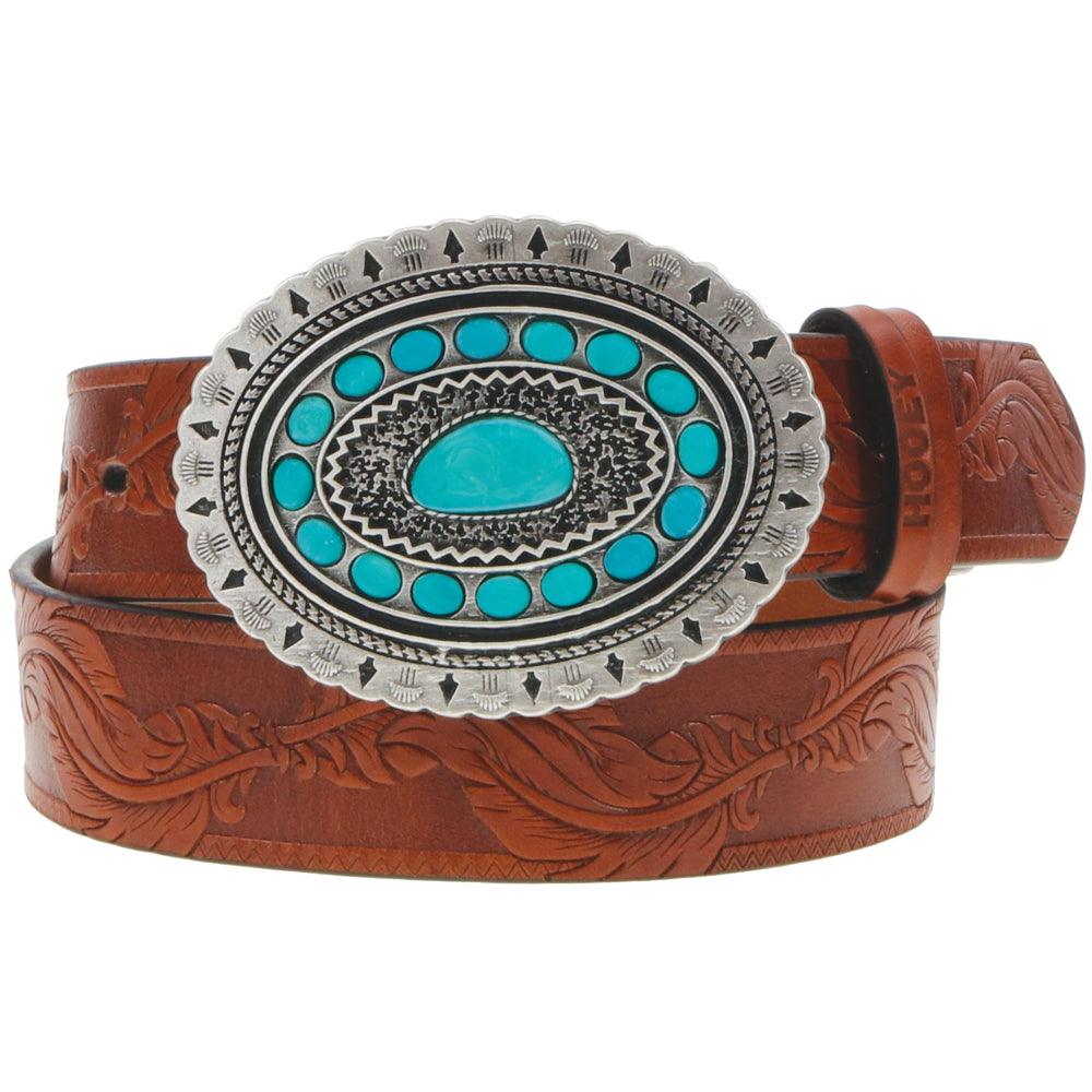 HOOEY "ORIGINAL HOOEY LADIES BELT" NATURAL /BROWN W/TURQUOISE RODEO BUCKLE SKU: HWBLT001-S