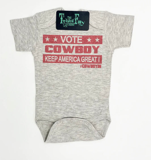 THE TWISTED FILLY CLOTHING CO. Vote Cowboy Keep America Great! - S/S Infant One Piece - Oatmeal