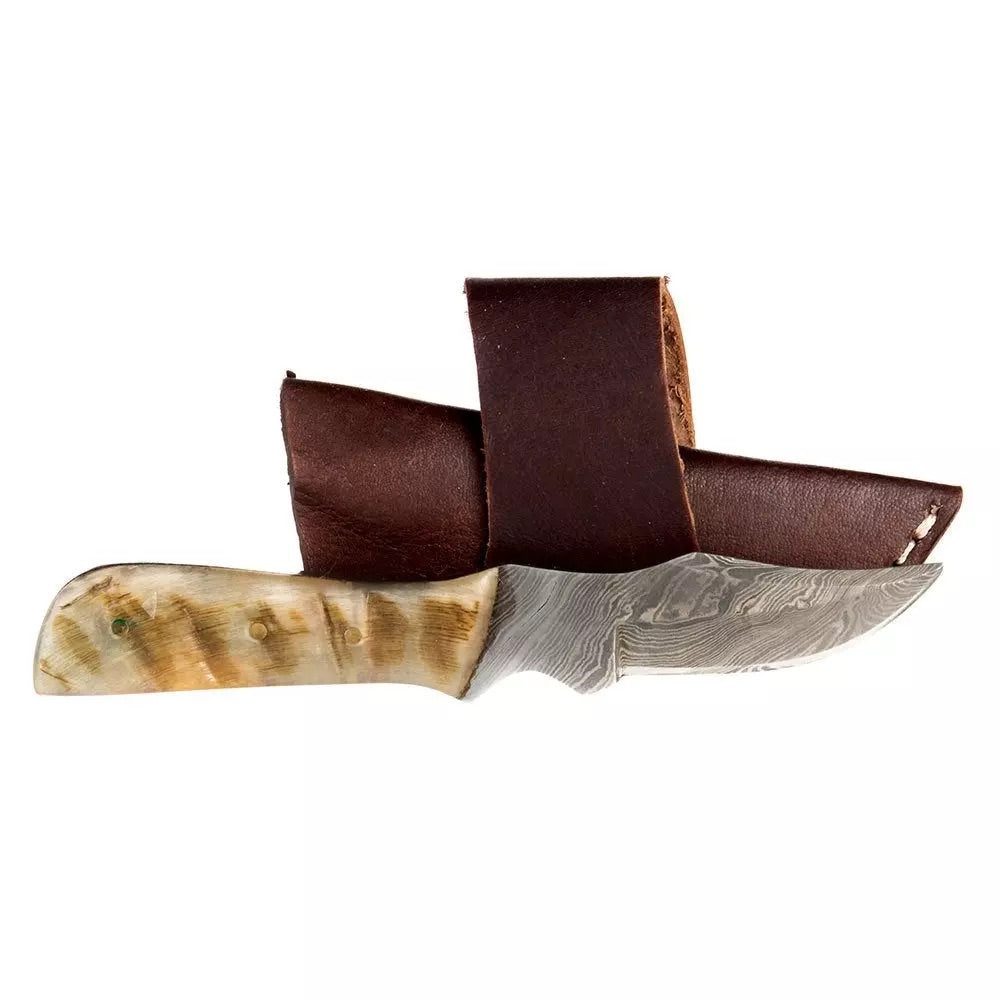 Damascus Mini Ram Horn Bone Handle Knife w/Sheath