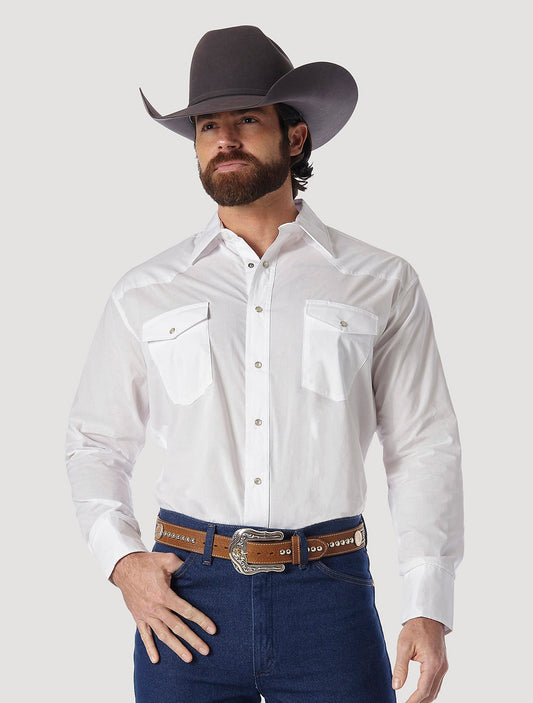 WRANGLER® WESTERN SNAP SHIRT - LONG SLEEVE SOLID BROADCLOTH IN WHITE